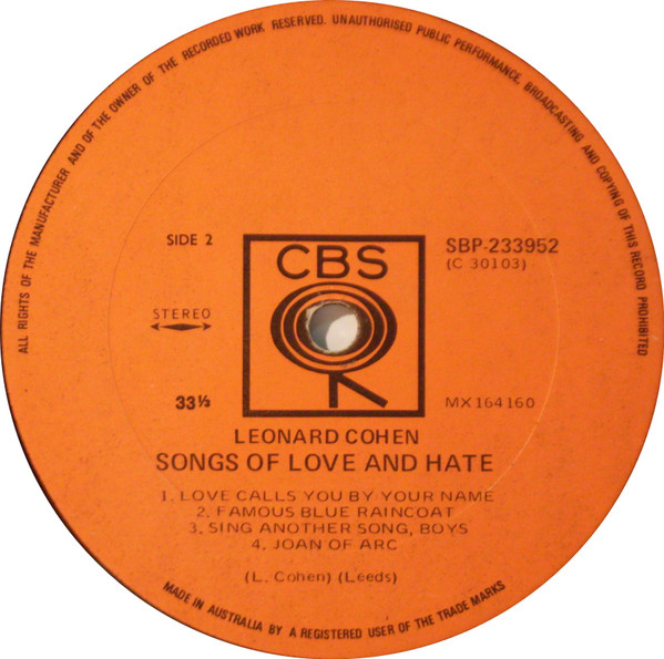 Leonard Cohen - Songs Of Love And Hate | CBS (SBP 233952) - 4 Leonard Cohen - Songs Of Love And Hate | CBS (SBP 233952) - 4