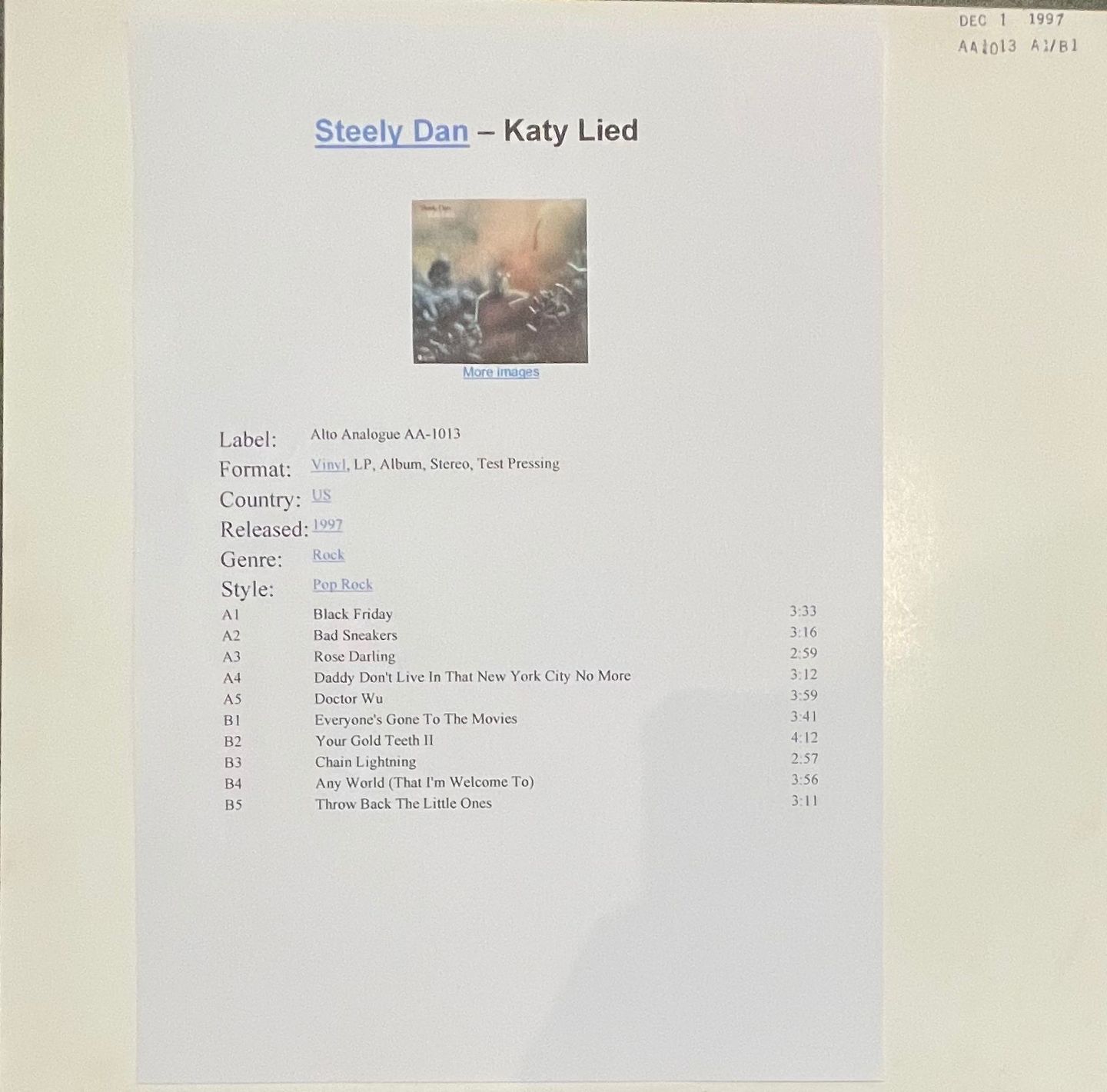 Steely Dan - Katy Lied | Alto Analogue (AA 013) - main