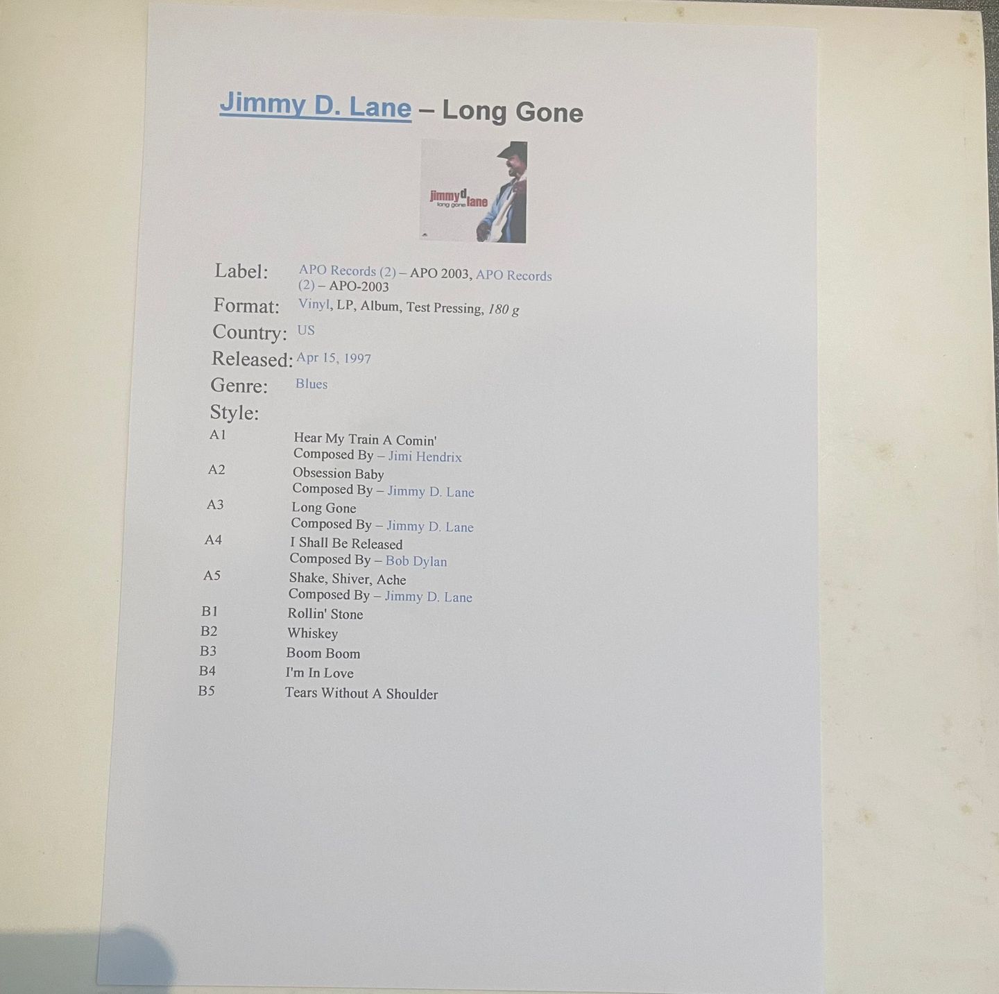Jimmy D. Lane - Long Gone | APO Records (APO 2003) - main