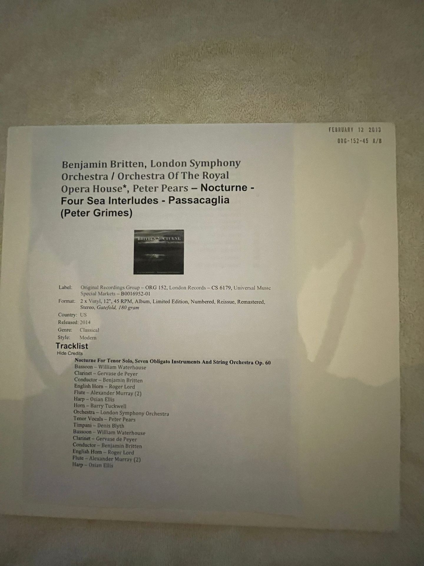 Benjamin Britten, London Symphony Orchestra / Orchestra Of The Royal Opera House*, Peter Pears  &  Benjamin Britten, London Symphony Orchestra / Orchestra Of The Royal Opera House, Peter Pears - Nocturne - Four Sea Interludes - Passacaglia (Peter Grimes) | Original Recordings Group (ORG-152-45)