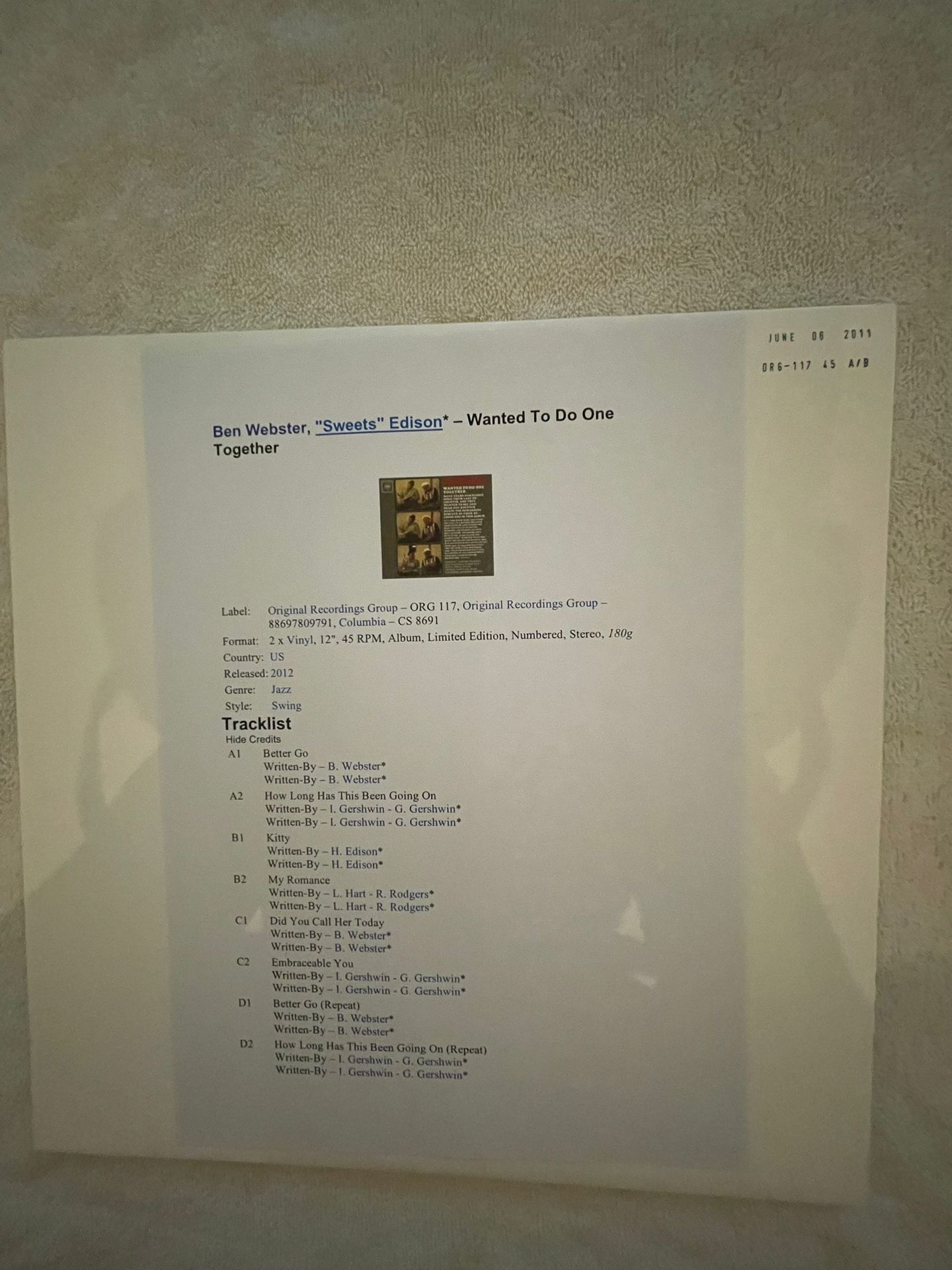 Ben Webster, "Sweets" Edison - Wanted To Do One Together | Original Recordings Group (ORG-117-45)