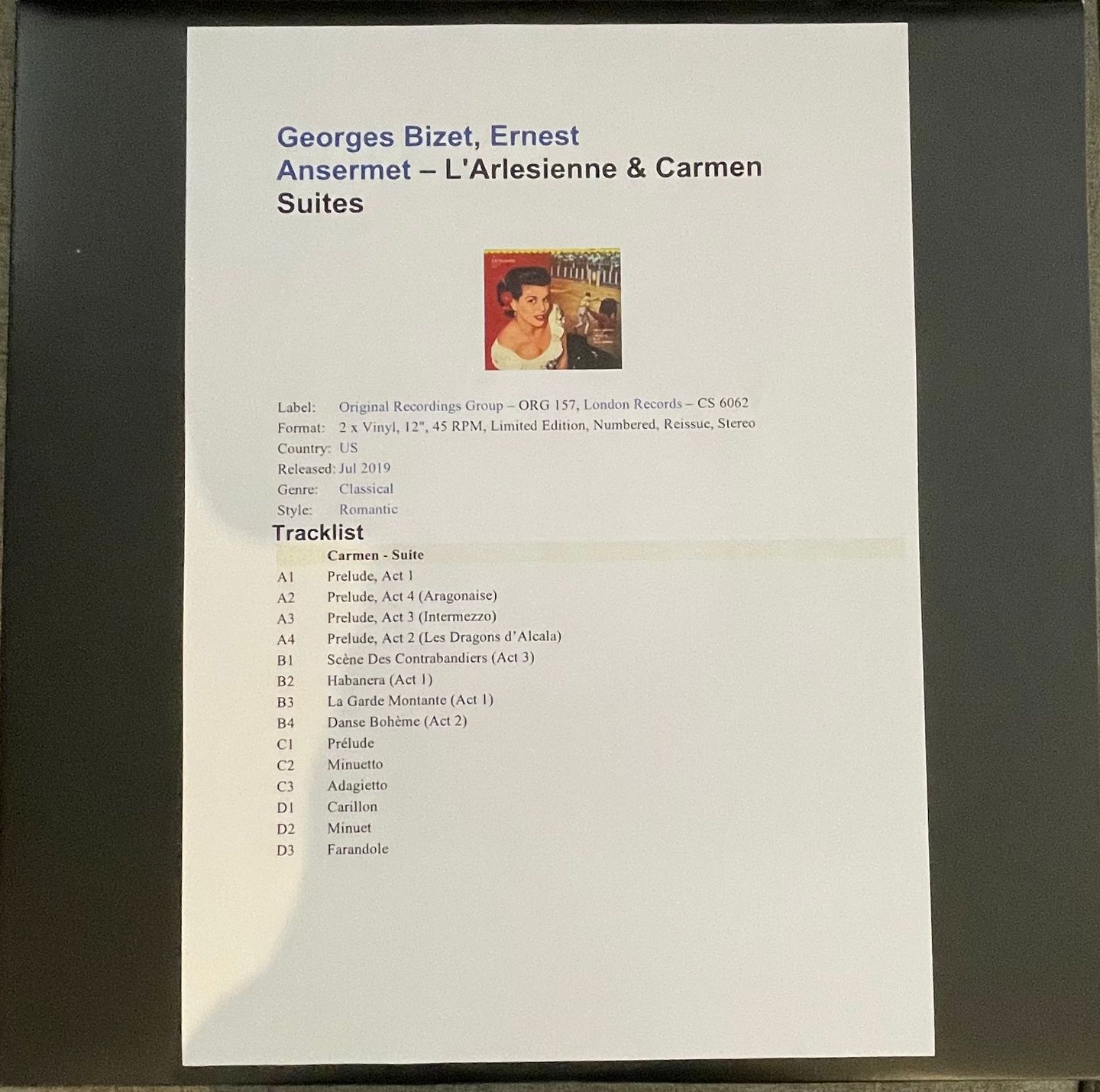 Georges Bizet, Ernest Ansermet - L'Arlesienne & Carmen Suites | Original Recordings Group (ORG-157-45)