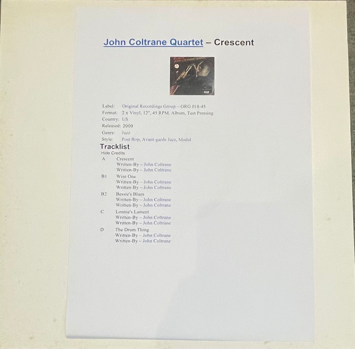 John Coltrane Quartet - Crescent | Original Recordings Group (ORG-018-45) - main