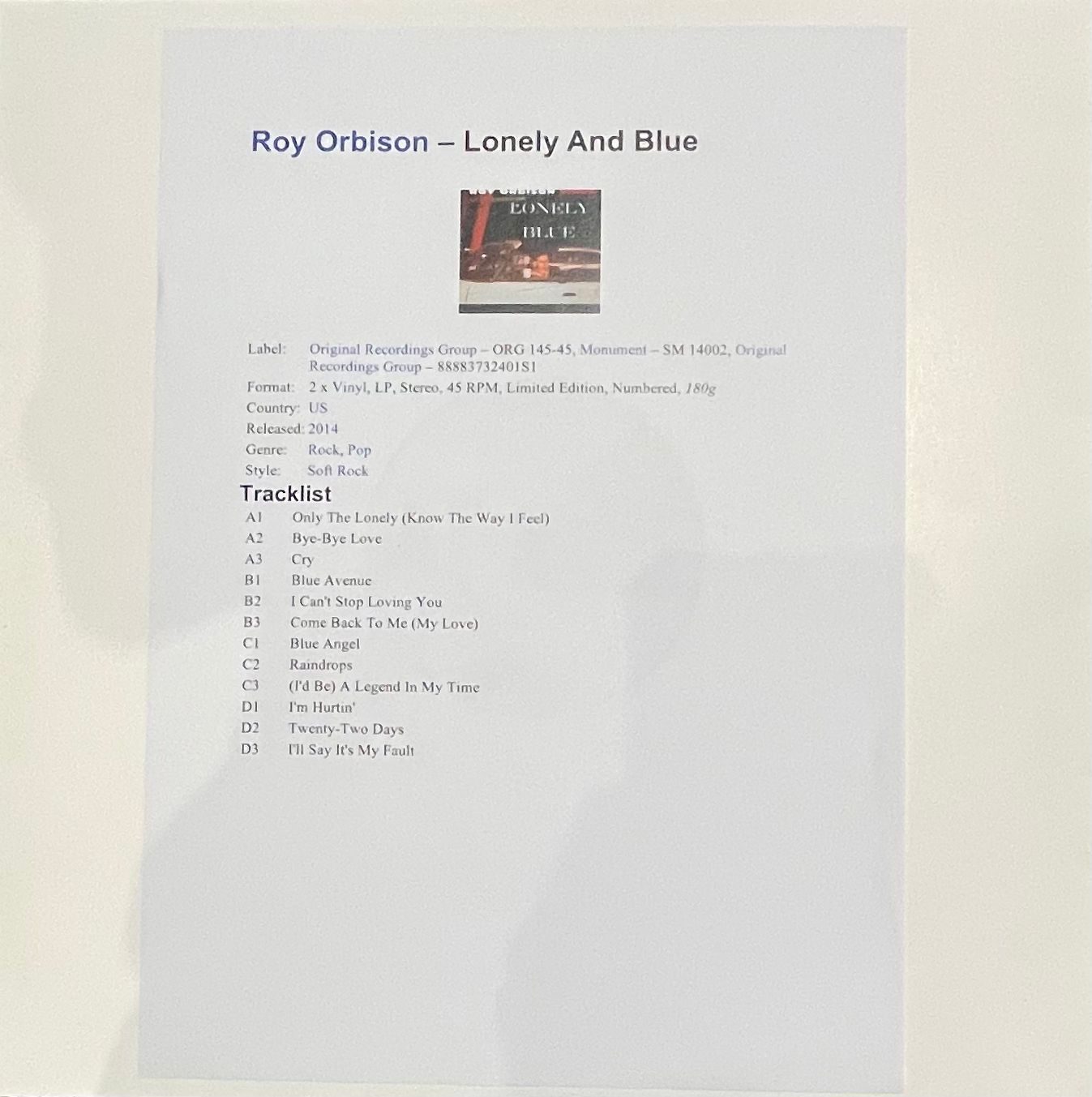 Roy Orbison - Lonely And Blue | Original Recordings Group (ORG-145-45)