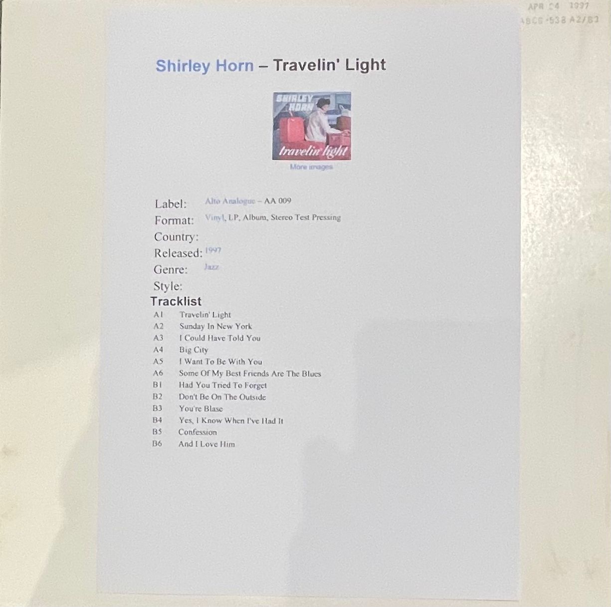 Shirley Horn - Travelin' Light | Alto Analogue (ABCS-538)