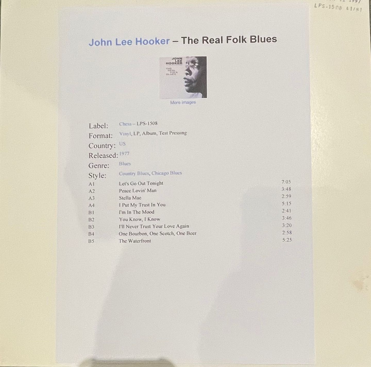 John Lee Hooker - The Real Folk Blues | Alto Analogue (LPS-1508)