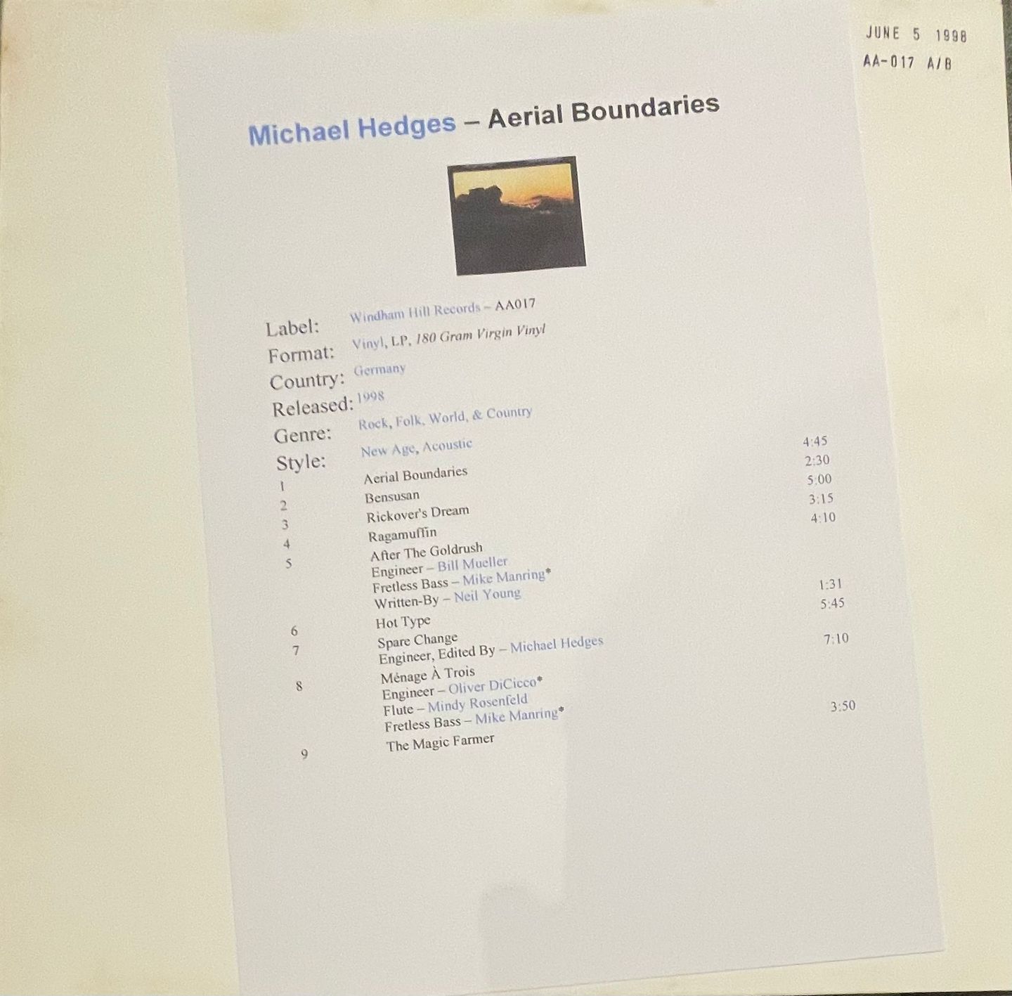 Michael Hedges - Aerial Boundaries | Alto Analogue (AA-017)