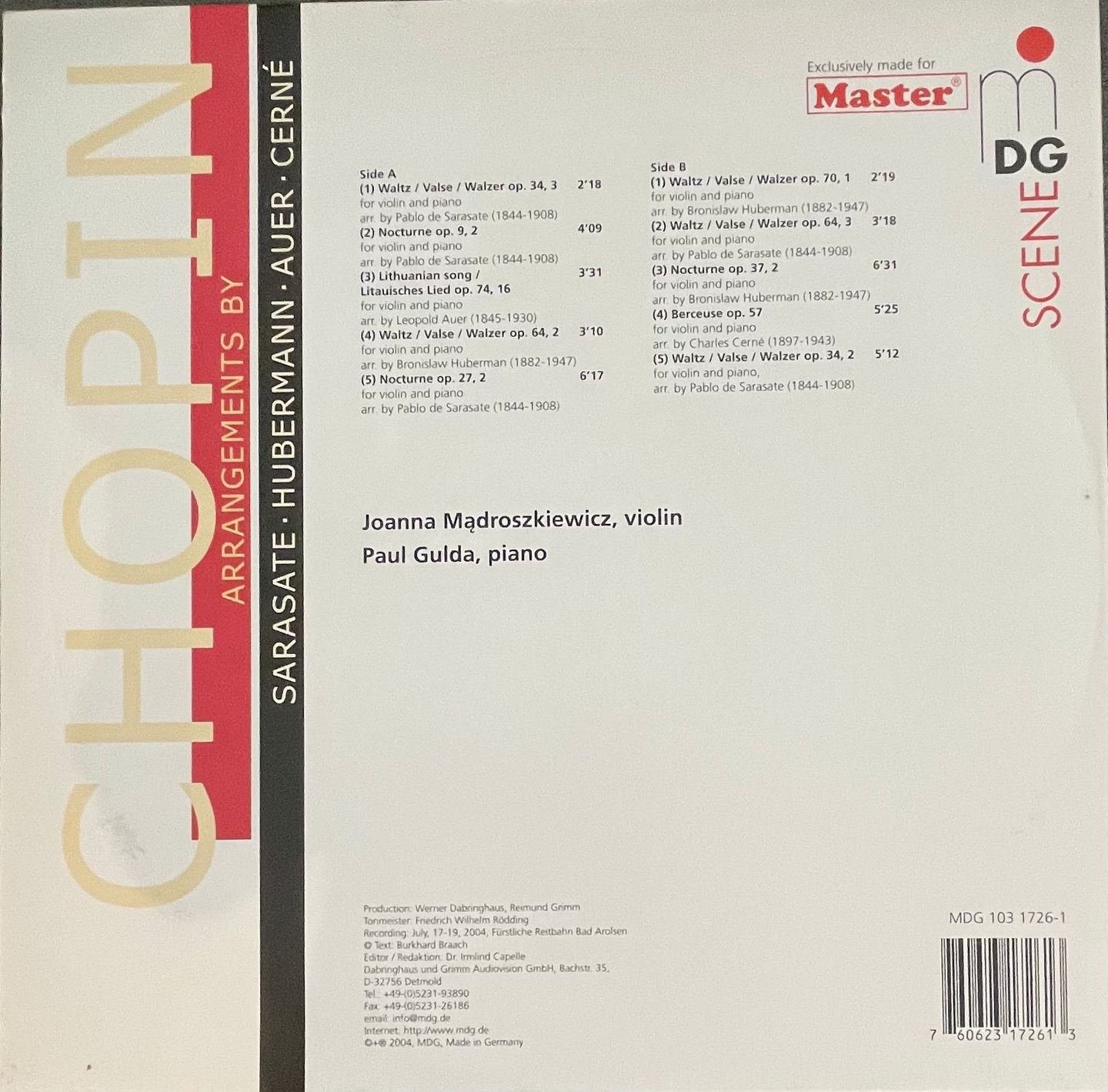 Joanna Madroszkiewicz & Paul Gulda - Chopin: Arrangements for Violin and Piano | MDG Scene (MDG 103 1726-1) - 2