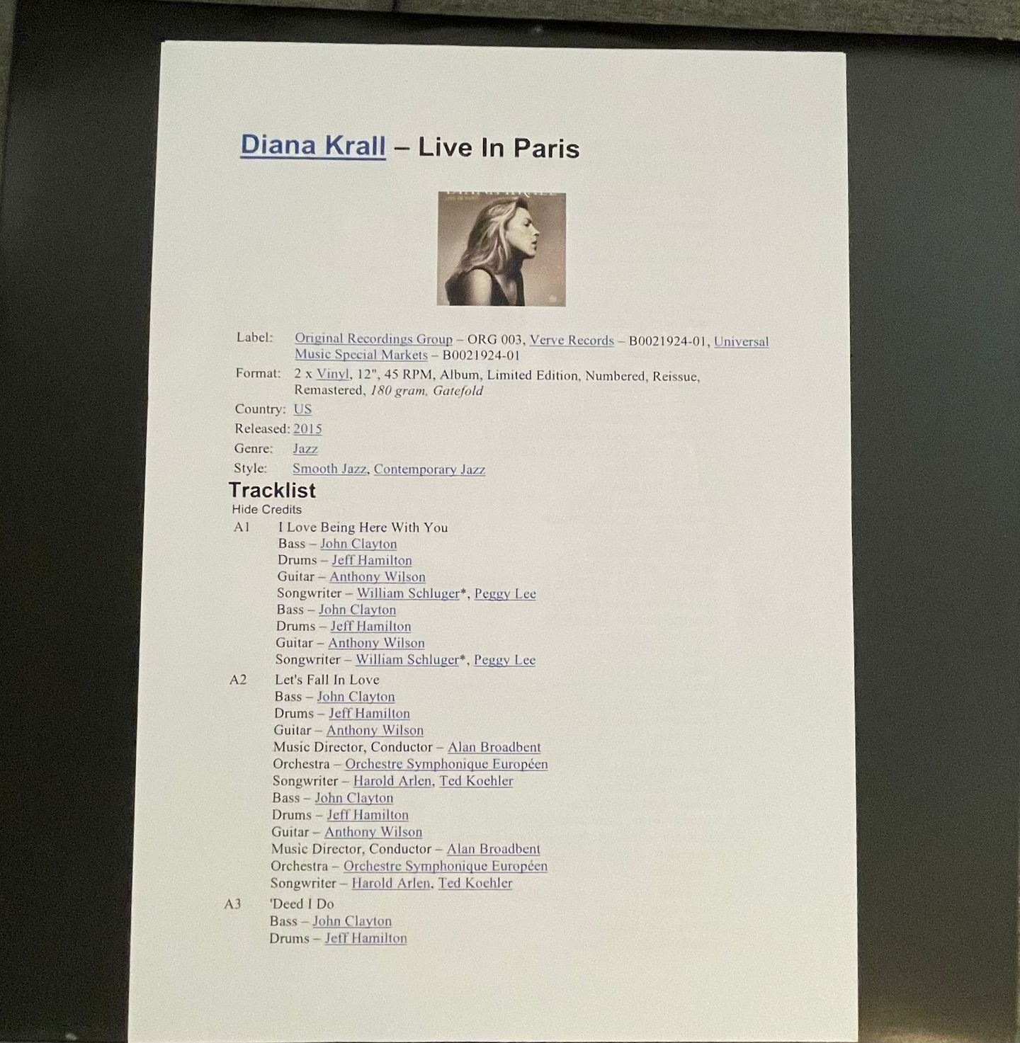 Diana Krall - Live In Paris | Original Recordings Group (ORG 003) - main