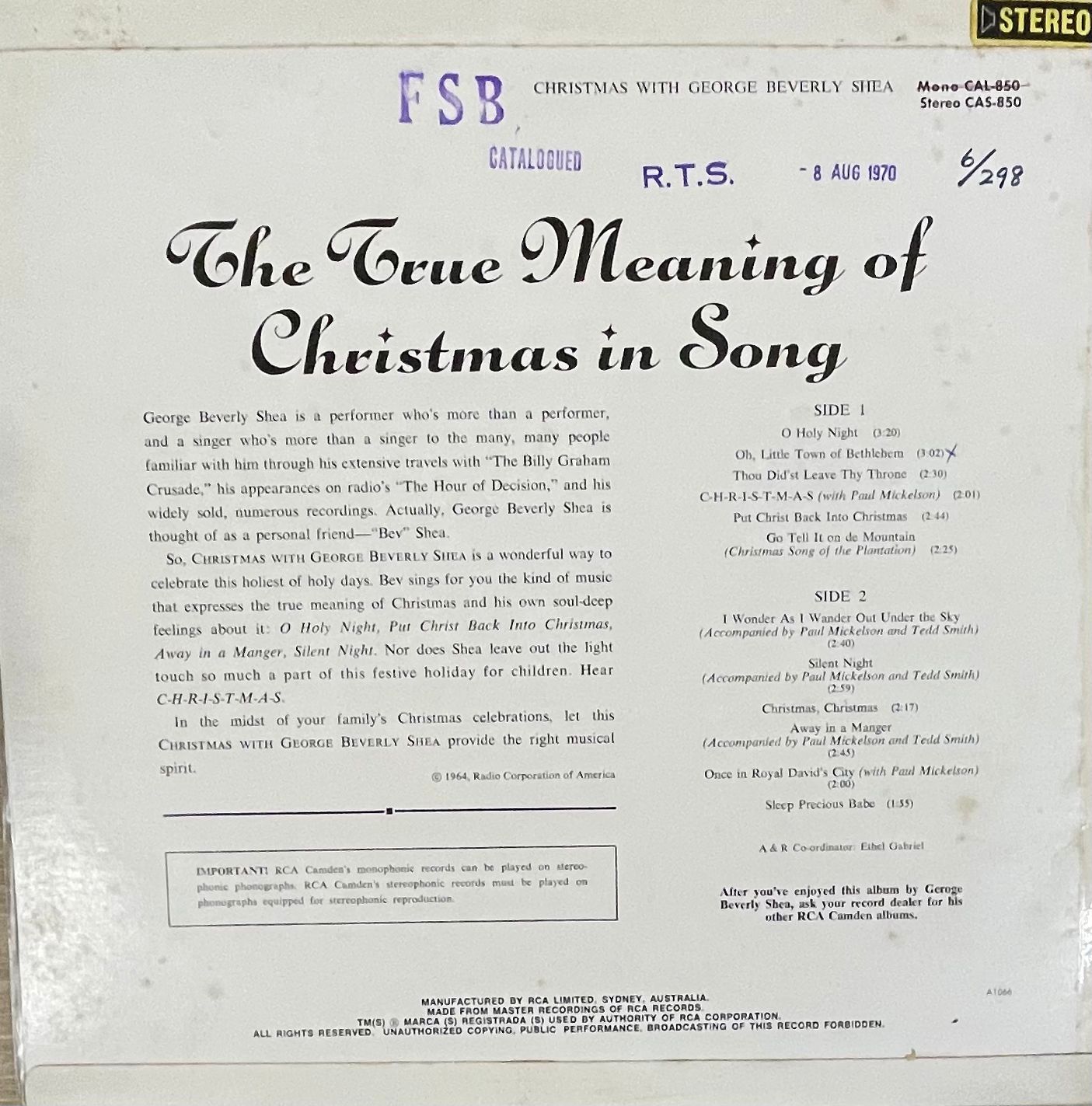 George Beverly Shea - Christmas With George Beverly Shea | RCA Camden (CAS-850) - 2 George Beverly Shea - Christmas With George Beverly Shea | RCA Camden (CAS-850) - 2