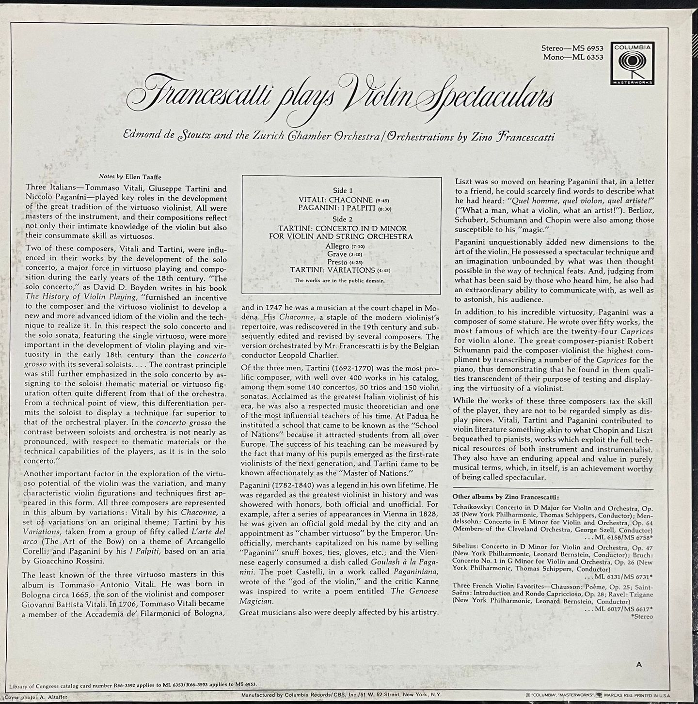 Zino Francescatti , Tomaso Antonio Vitali / Niccolò Paganini / Giuseppe Tartini , Edmond De Stoutz And The Zürcher Kammerorchester - Francescatti Plays Violin Spectaculars | Columbia Masterworks (MS 6953) - 2 Zino Francescatti , Tomaso Antonio Vitali / Niccolò Paganini / Giuseppe Tartini , Edmond De Stoutz And The Zürcher Kammerorchester - Francescatti Plays Violin Spectaculars | Columbia Masterworks (MS 6953) - 2
