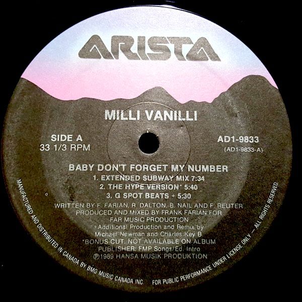 Milli Vanilli - Baby Don't Forget My Number (12") [Vinyl] | Arista (AD1-9833) - main