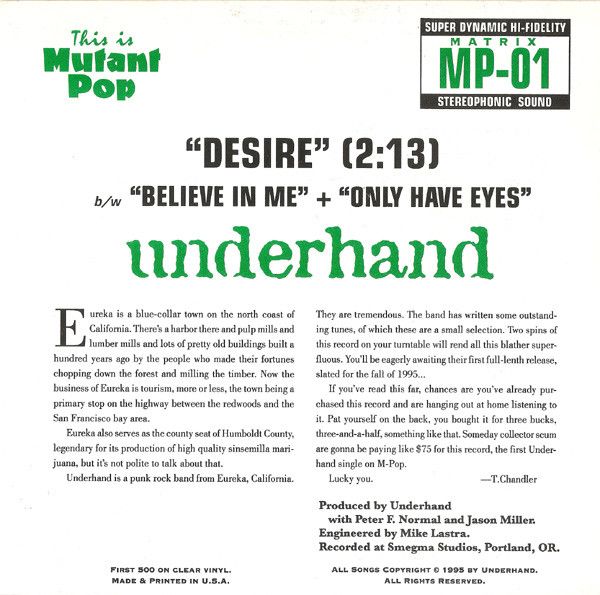 Underhand - Desire (7") [Vinyl] | Mutant Pop (MP-01) - 2