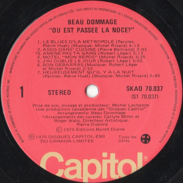 Beau Dommage - Où Est Passée La Noce? [Vinyl] | Capitol Records (SKAO 70,037) - 3