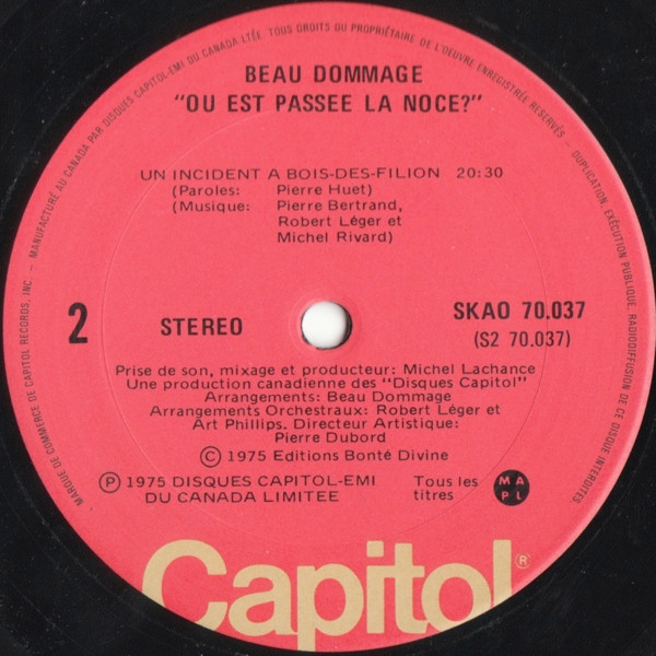 Beau Dommage - Où Est Passée La Noce? [Vinyl] | Capitol Records (SKAO 70,037) - 4