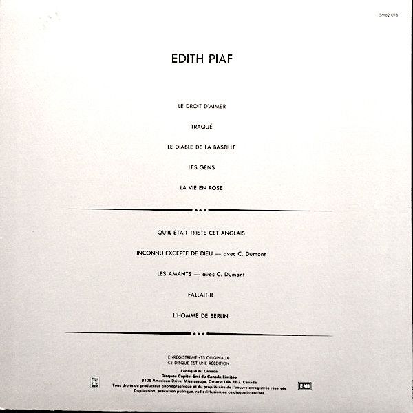 Edith Piaf - Le Droit D'aimer [Vinyl] | Disques Capitol-EMI Du Canada Limitée (SM62.078) - 2