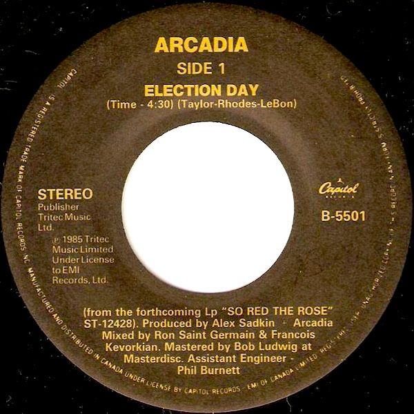 Arcadia - Election Day (7") [Vinyl] | Capitol Records (B-5501)