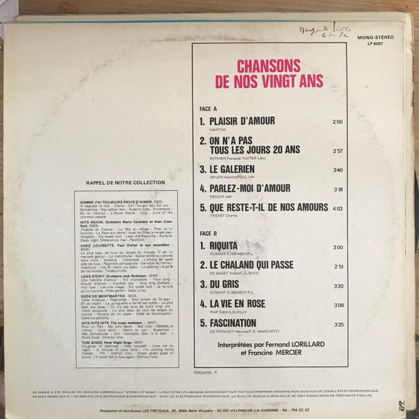 Fernand Lorillard & Francine Mercier - Chansons De Nos Vingt Ans | Les Tréteaux International (6097) - 2