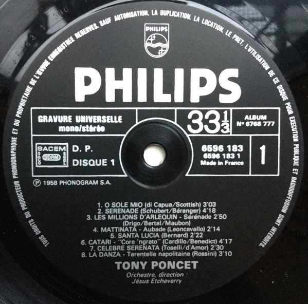 Tony Poncet - De "O Sole Mio" À "Guillaume Tell" | Philips (6768 777) - 7
