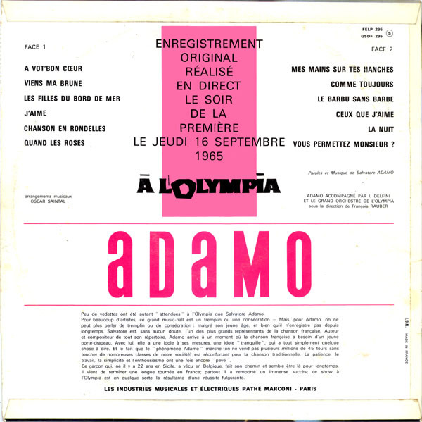 Adamo - Adamo À L'Olympia | La Voix De Son Maître (FELP 295) - 2