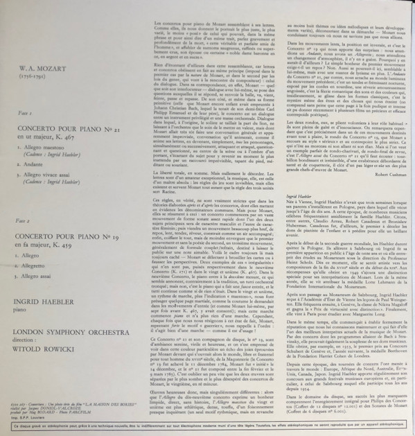Mozart – Ingrid Haebler , London Symphony Orchestra , Witold Rowicki - Concerto Pour Piano N° 21, K. 467 / Concerto Pour Piano N°  19, K. 459 | Philips (6500 267) - 2