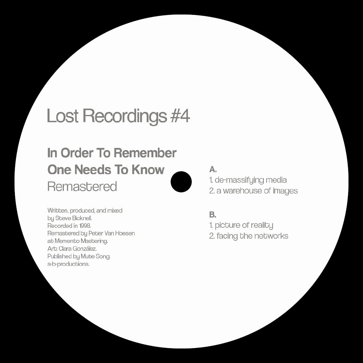 Steve Bicknell - Lost Recordings #4 In Order To Remember One Needs To Know | S-B-Productions (S-B-P002R)