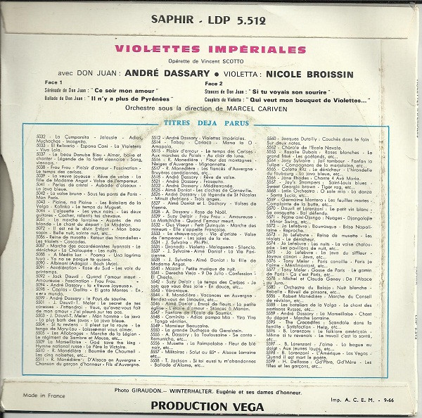 André Dassary Et Nicole Broissin - Violettes Impériales | Disque Saphir (LDP 5512) - 2