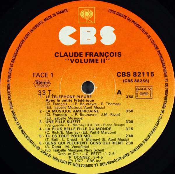 Claude François - Grands Succès Vol. 2 | CBS (CBS  88256) - 4