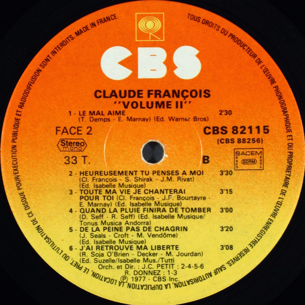 Claude François - Grands Succès Vol. 2 | CBS (CBS  88256) - 5