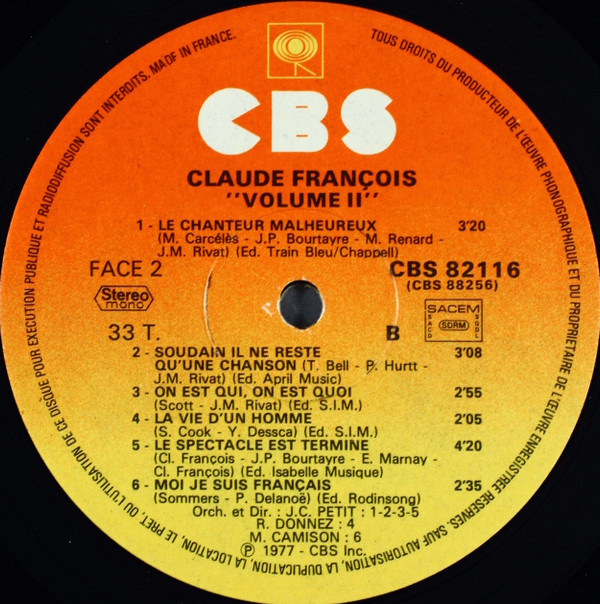 Claude François - Grands Succès Vol. 2 | CBS (CBS  88256) - 7