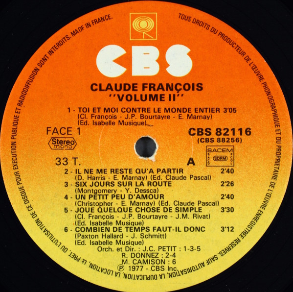 Claude François - Grands Succès Vol. 2 | CBS (CBS  88256) - 6
