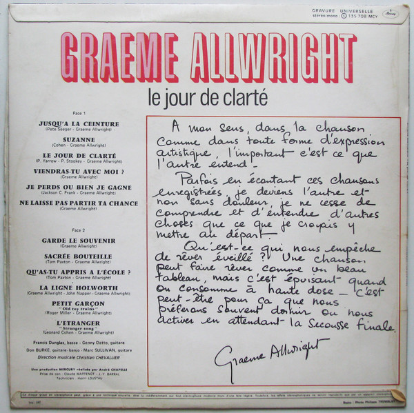 Graeme Allwright - Le Jour De Clarté | Mercury (135 708 MCY) - 2
