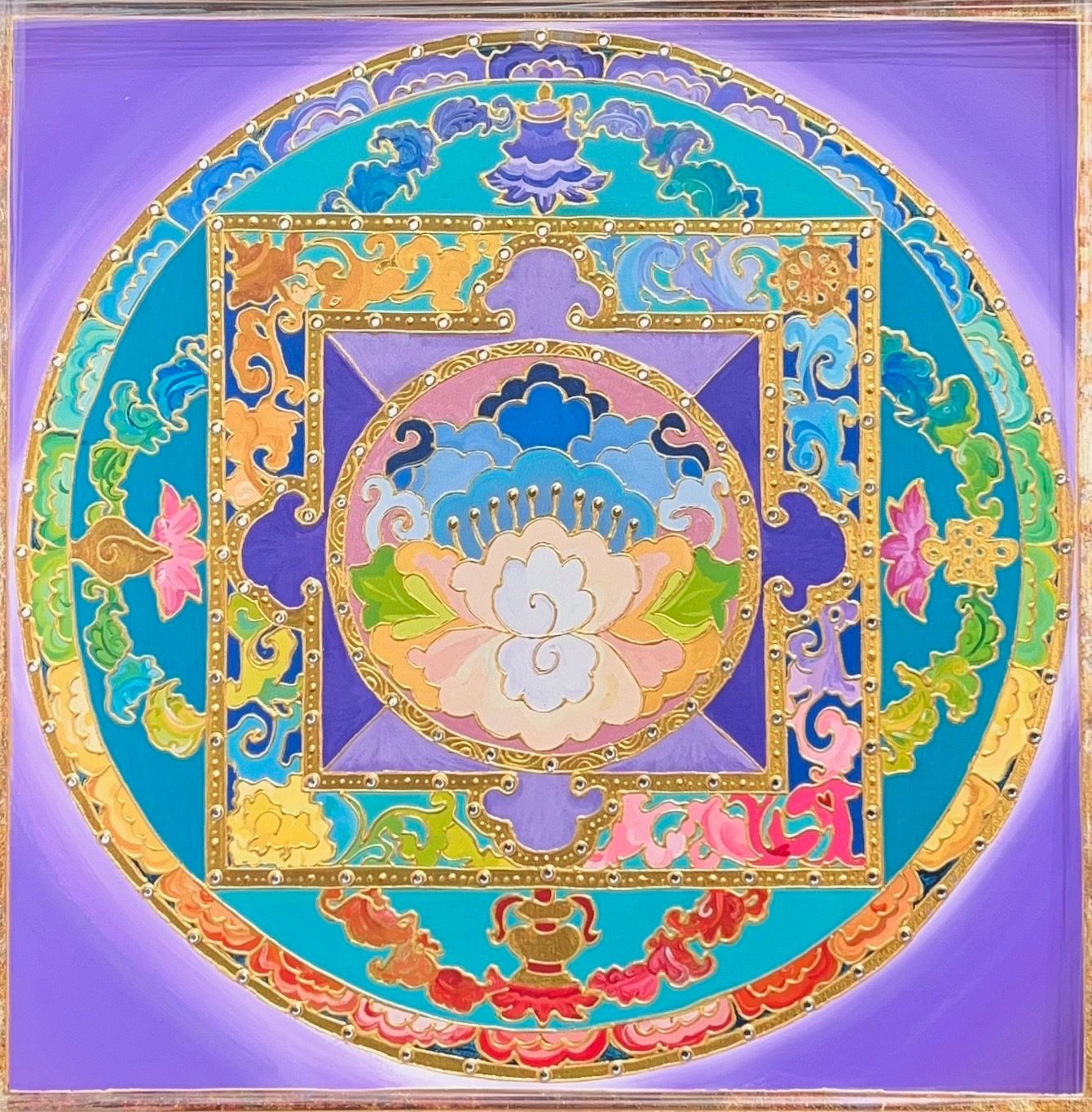 Dia Rosa - Lotus of Blooming Balance, 2022 Acrylic, Puﬀed Gold paint, Gold leaf & Swarovski Crystals on canvas 24 x 24 in |  ()