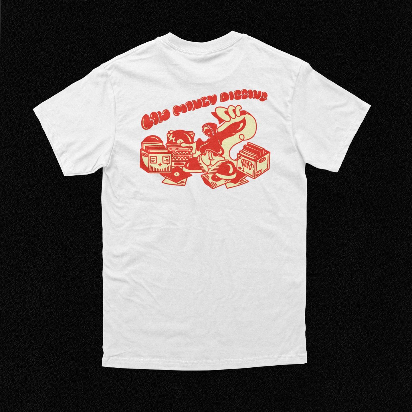 Pluto's Records - White T-Shirt With Red Logo/Print -- Low Money Digging - 2
