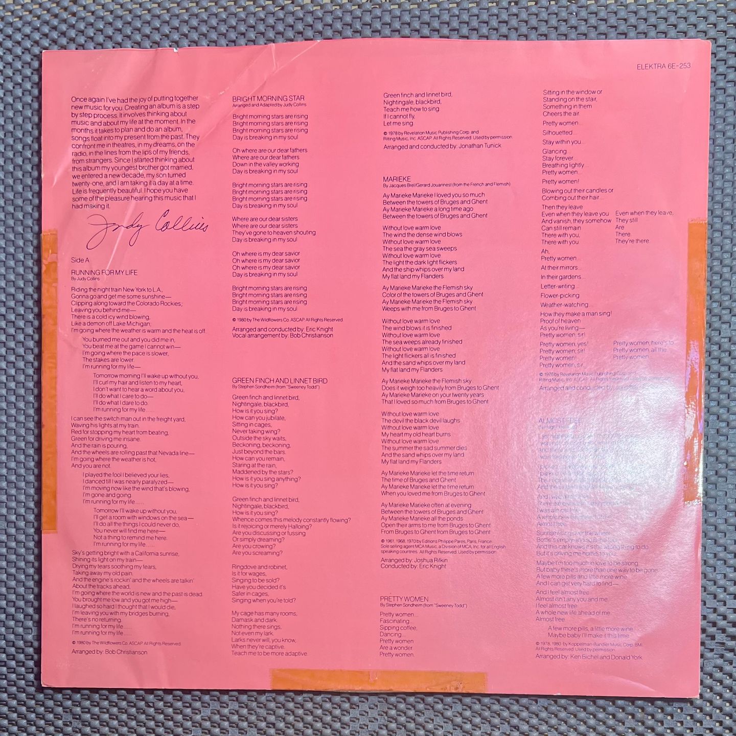 Judy Collins - Running For My Life [Vinyl LP - 1st US Press - 1980 - Elektra - 6E-253 - NM/EX] Folk | Elektra (6E-253) - 6