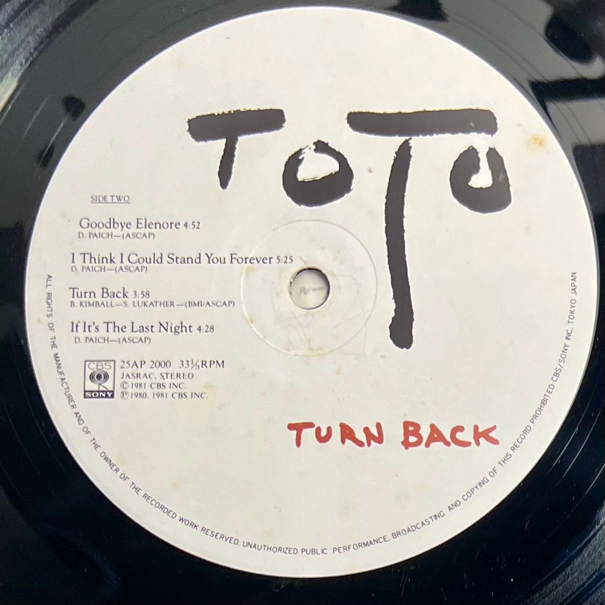 Toto - Turn Back [Vinyl LP - 1st Japan Press - 1981 - 25AP 2000 - NM/EX - No obi with insert & Poster] Pop Rock | CBS/Sony (25AP 2000) - 5