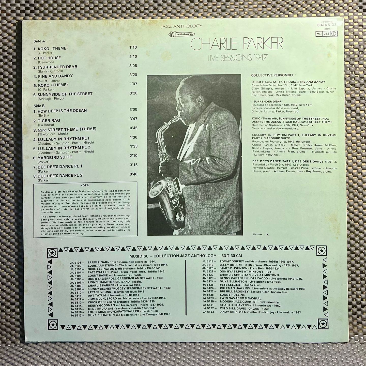 Charlie Parker - Live Sessions 1947 [LP - FR - 1975 - NM/NM] | Musidisc (30 JA 5108) - 3