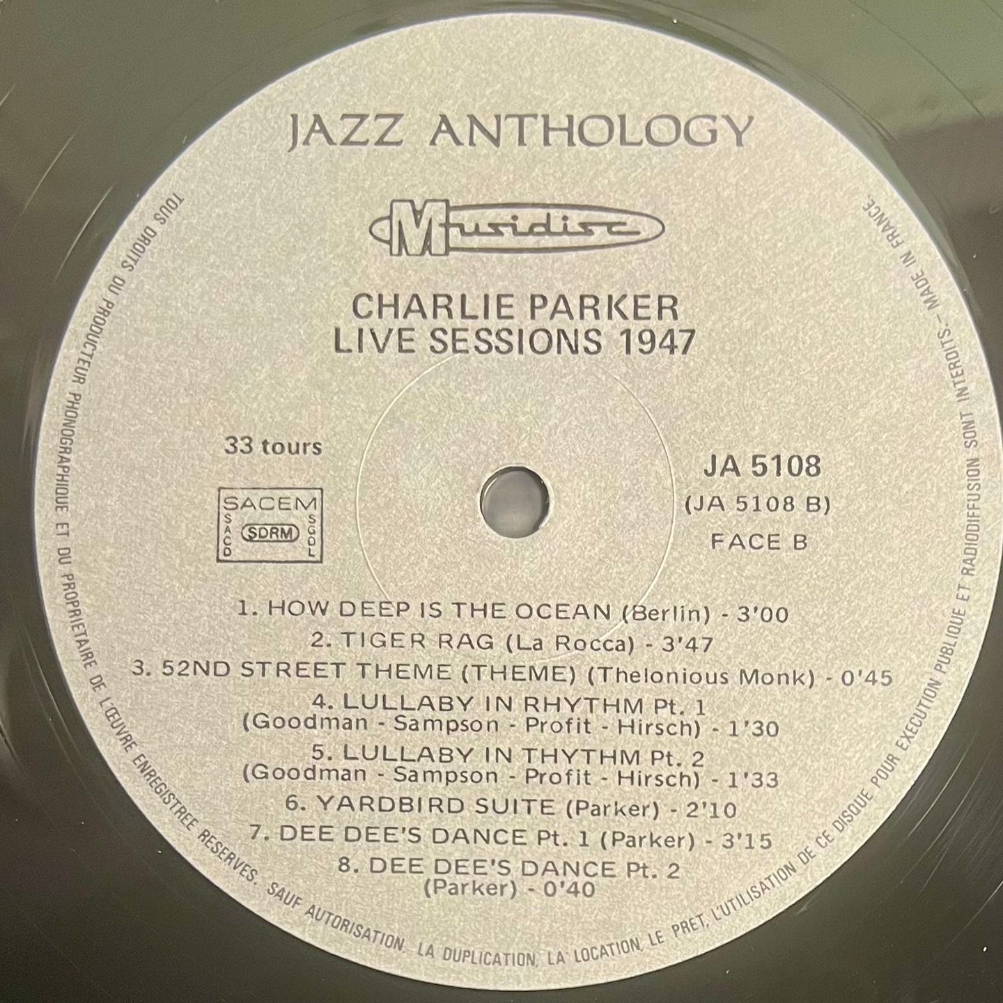 Charlie Parker - Live Sessions 1947 [LP - FR - 1975 - NM/NM] | Musidisc (30 JA 5108) - 5
