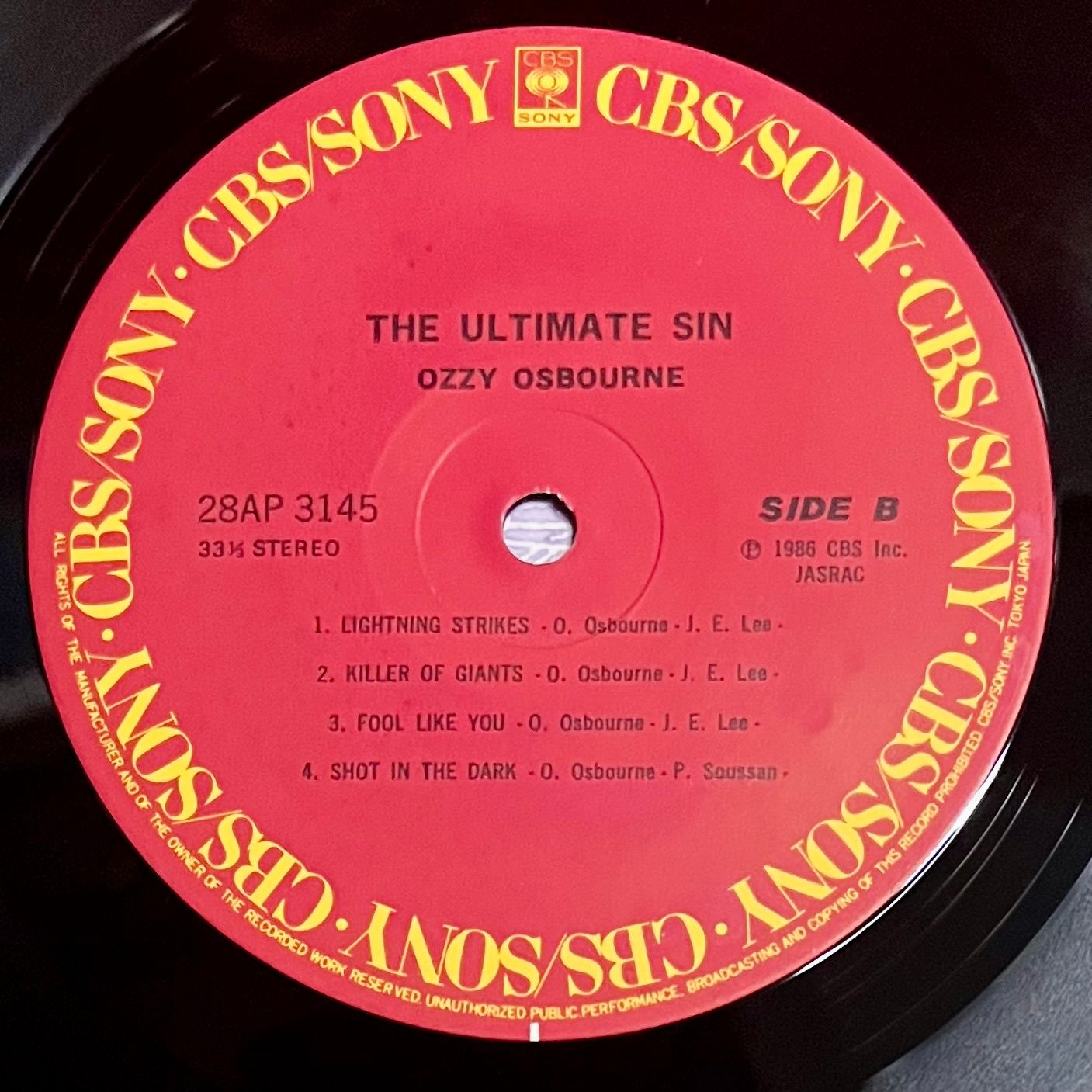 Ozzy Osbourne - The Ultimate Sin [Vinyl LP - 1st Japan Press - 1986 - 28AP 3145 - M/NM] Heavy Metal | CBS/Sony (28AP 3145) - 5