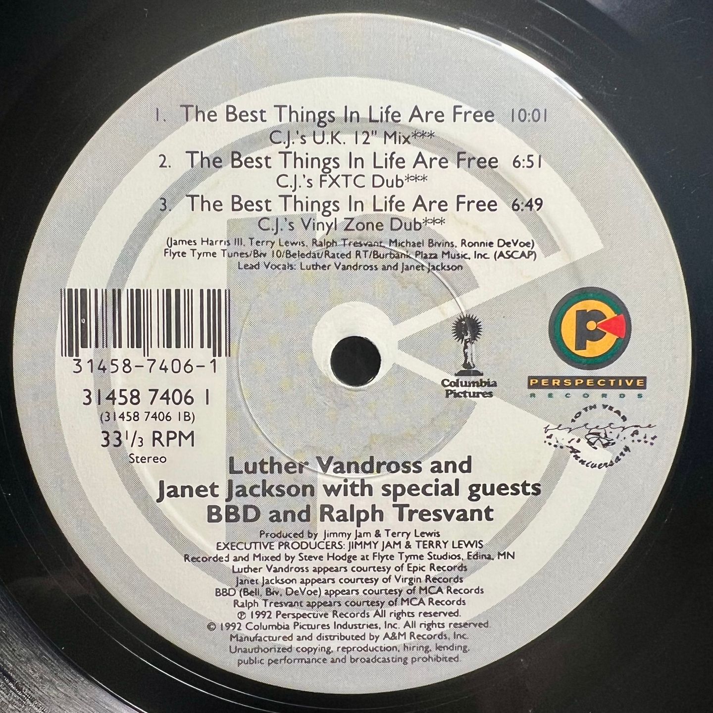 Luther Vandross & Janet Jackson - The Best Things In Life Are Free [Vinyl EP 12" - 1st US Press - 1992 - VG+/VG+] House | Perspective Records (31458 7406 1) - 2