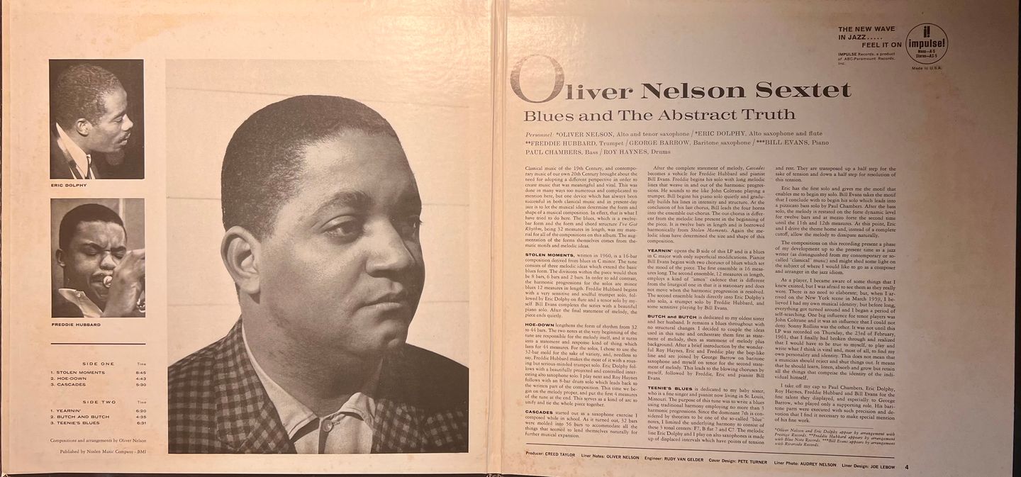 Oliver Nelson Starring Paul Chambers , Eric Dolphy , Bill Evans , Roy Haynes , Freddie Hubbard - The Blues And The Abstract Truth [LP - US Press - 1974 - EX/EX] | Impulse! (AS-5) - 5
