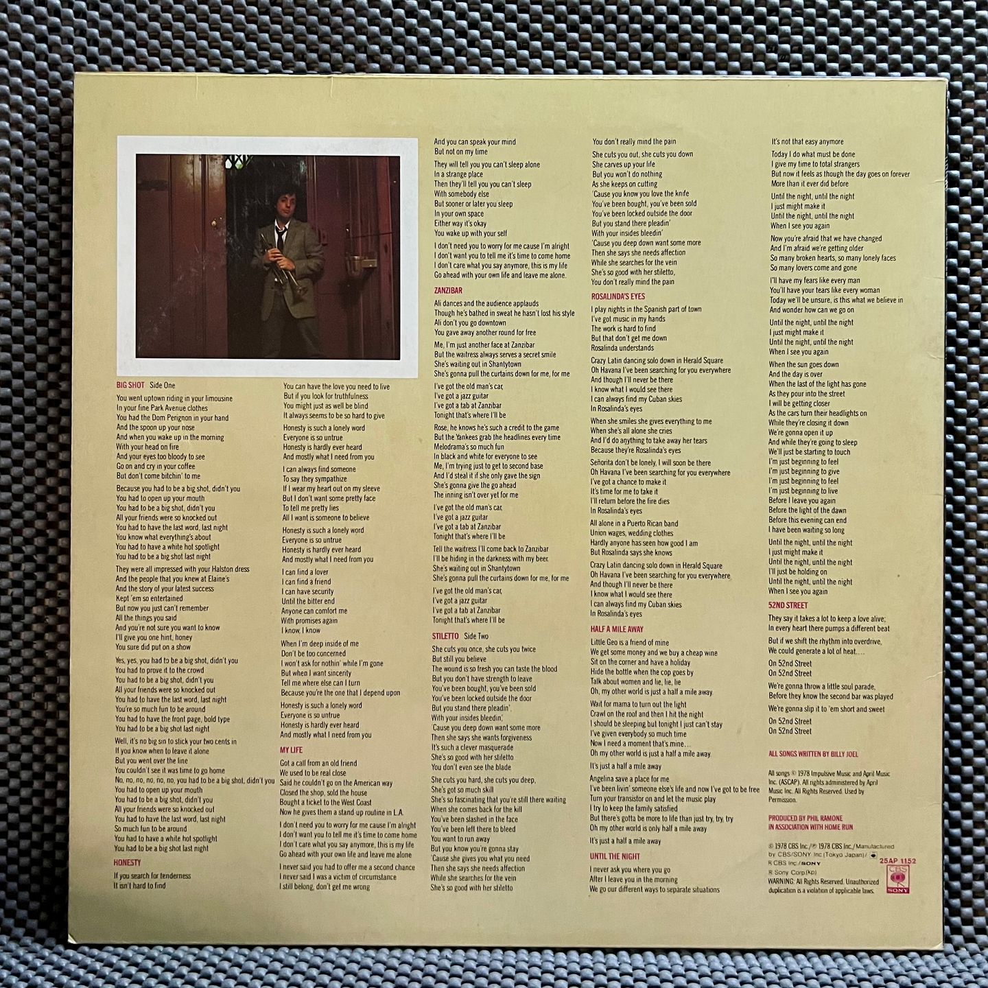 Billy Joel - 52nd Street [Vinyl LP - 1st Japan Press - 1978 - 25AP 1152 - EX to NM/NM] Pop Rock | CBS/Sony (25AP 1152) - 3
