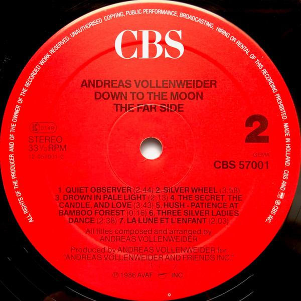Andreas Vollenweider - Down To The Moon | CBS (CBS 57001) - 4 Andreas Vollenweider - Down To The Moon | CBS (CBS 57001) - 4